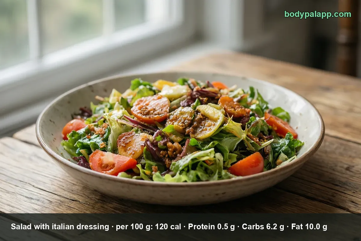Bowl of mixed salad with tomatoes, zucchini rounds and radicchio, tossed with Italian dressing