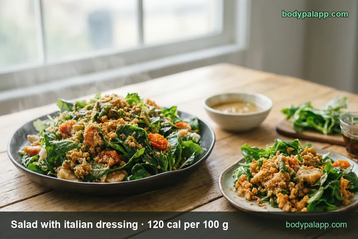 Green salad with cherry tomatoes and crunchy crumbs, a plated serving and a bowl of dressing: 1 cup 191 cal, 1/2 cup 96 cal