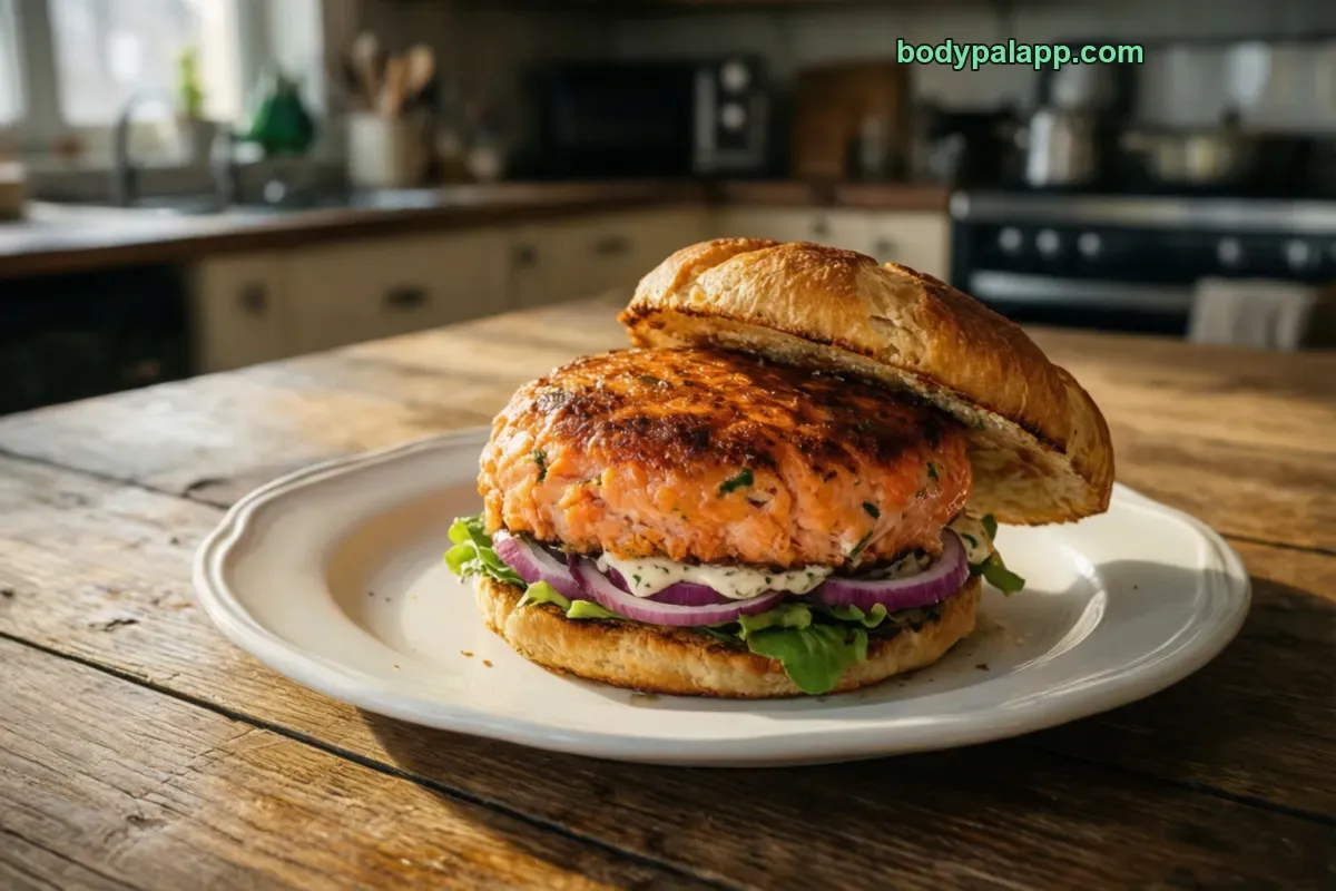 Salmon burger, cooked salmon cake or patty