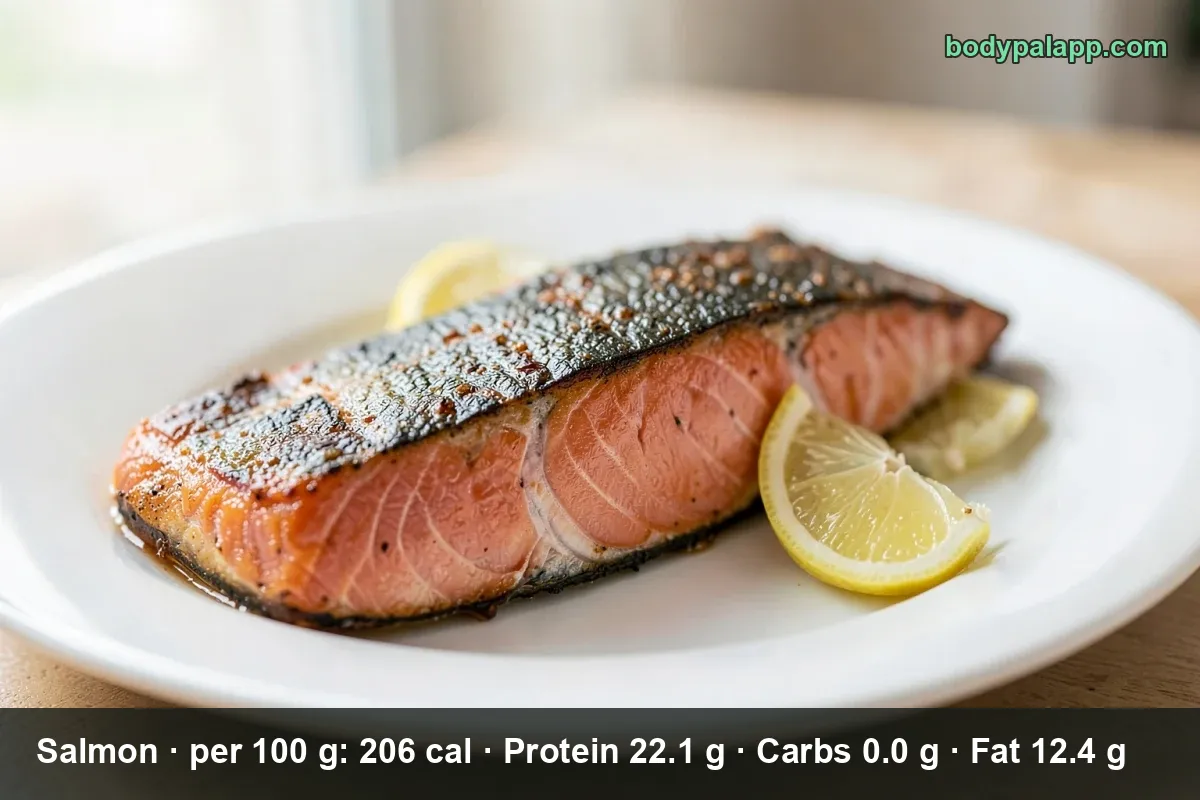 Baked salmon fillet, the cooked portion used for the calorie numbers on this page.