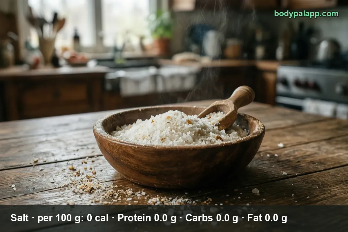 Wooden bowl of coarse salt with a wooden scoop and scattered salt crystals