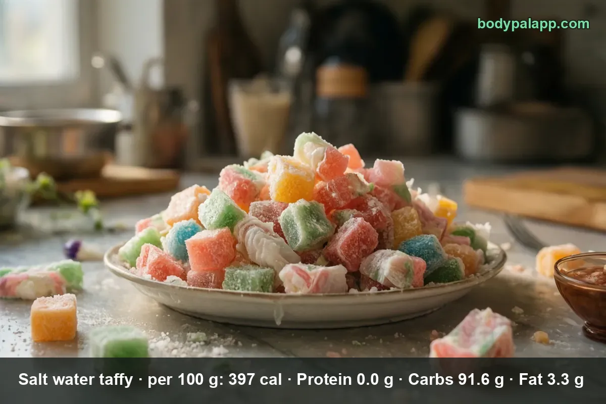 Plate piled high with colorful pastel salt water taffy cubes dusted with powdered sugar