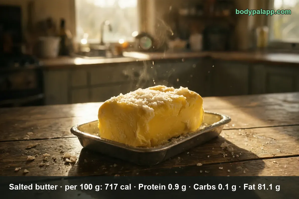 Block of salted butter topped with coarse salt flakes and cracked black pepper in a small metal dish