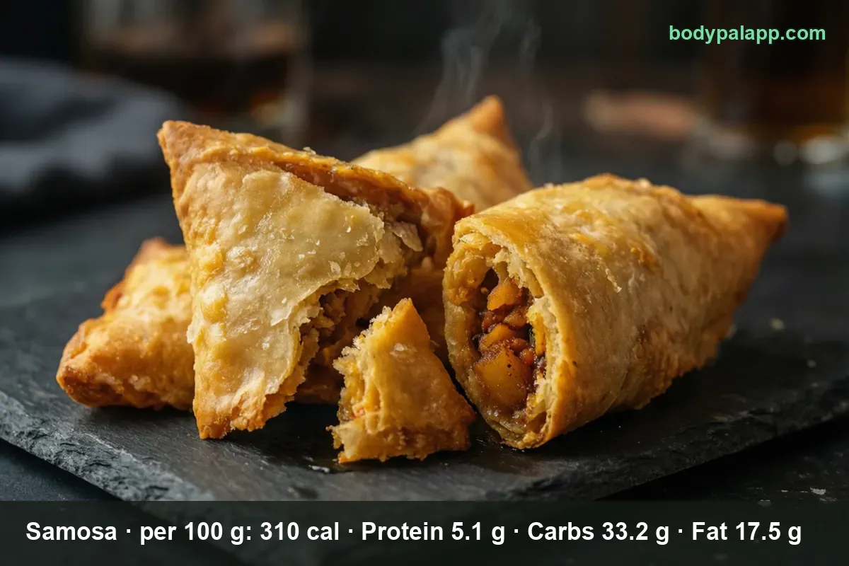 Close-up of three fried samosas, one broken open showing steaming potato and vegetable filling.