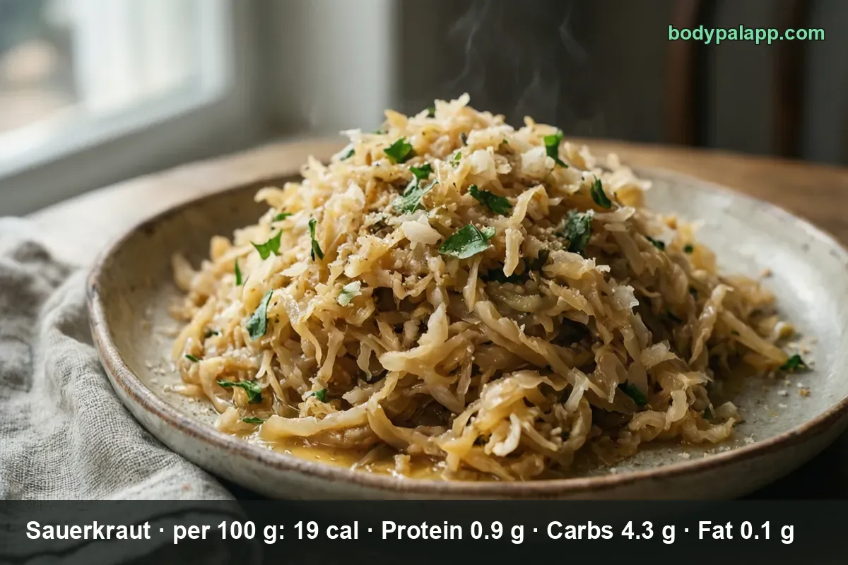 Mound of sauerkraut with parsley on a ceramic plate, steam rising.