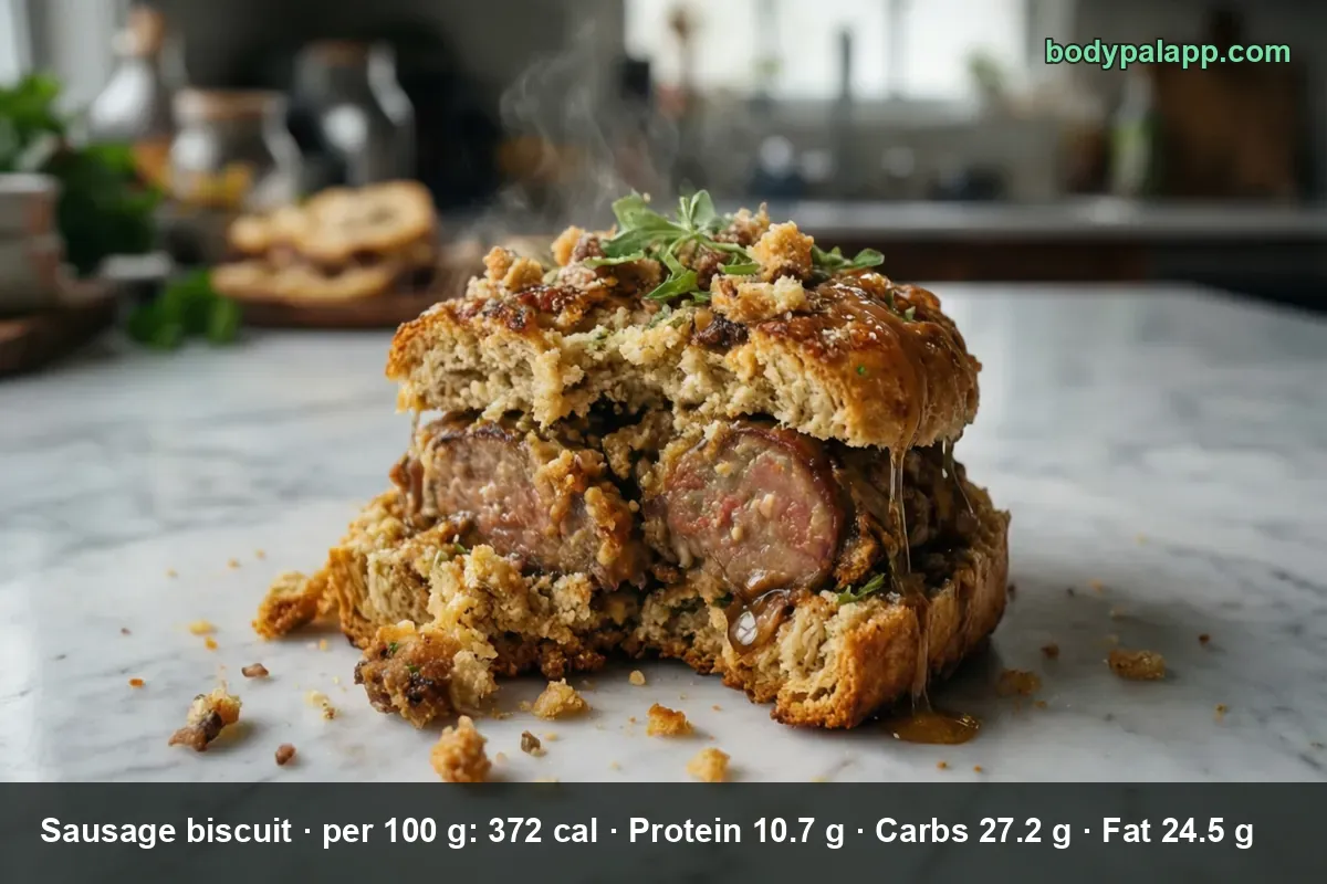 Split sausage biscuit with rounds of cooked sausage visible in the middle