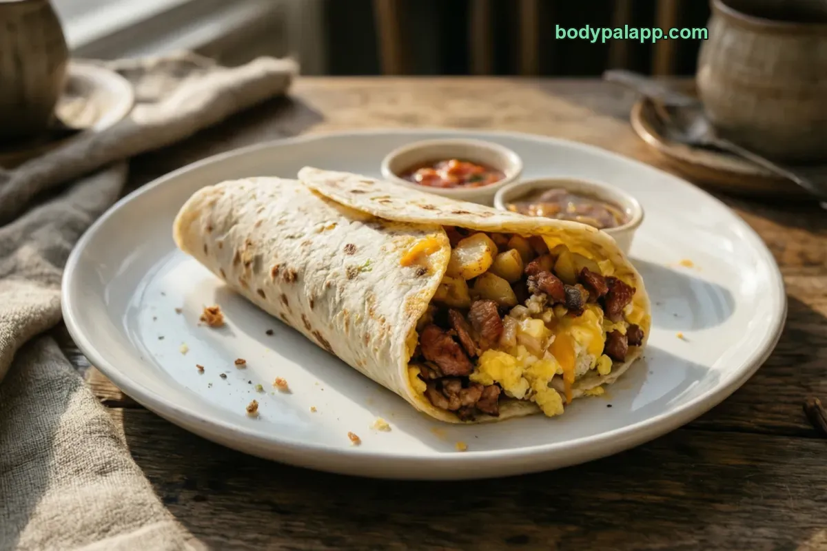 Sausage breakfast burrito, fast food, egg, cheese