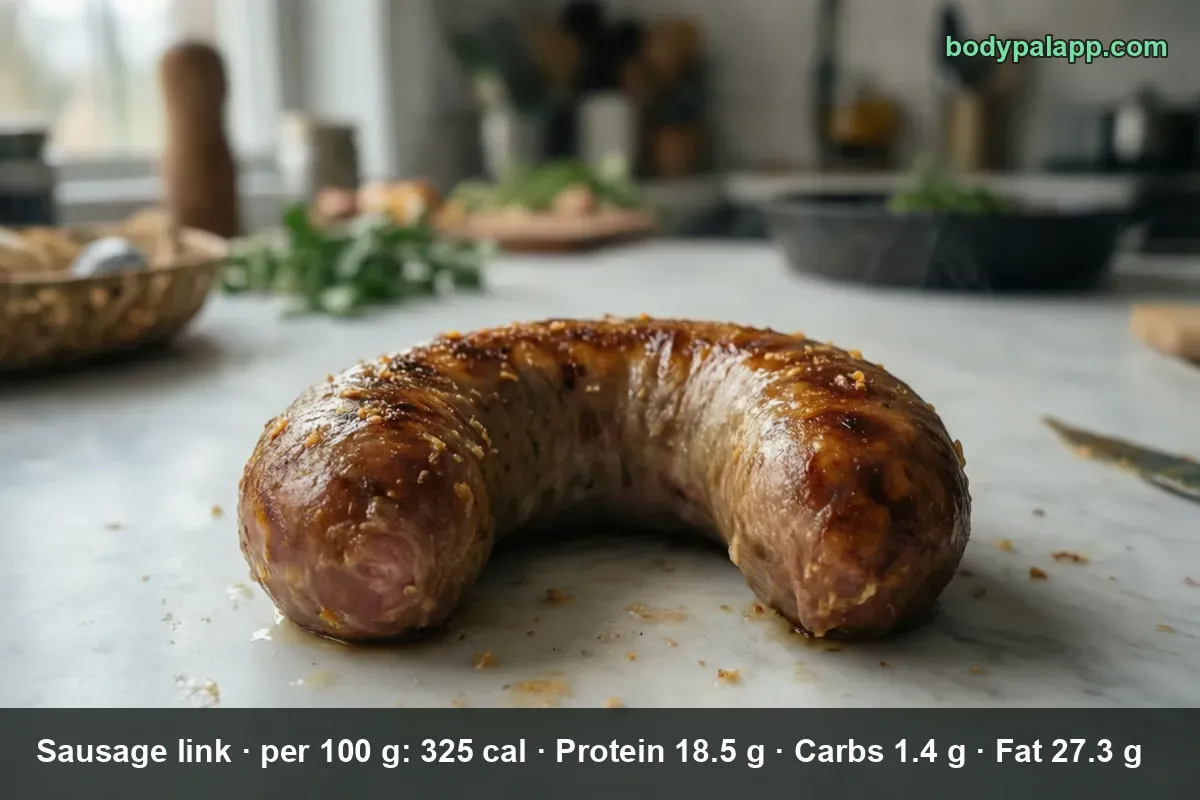 Close-up of one whole curved cooked sausage link on a marble surface
