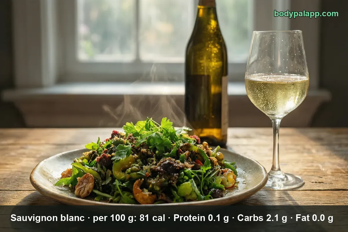 Full glass of white sauvignon blanc with an unlabeled bottle at right and a green salad in the foreground
