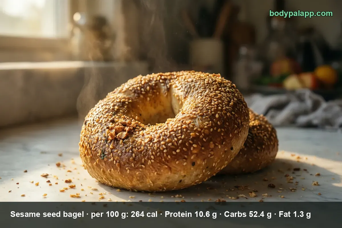 Two whole sesame seed bagels on a marble counter with steam rising