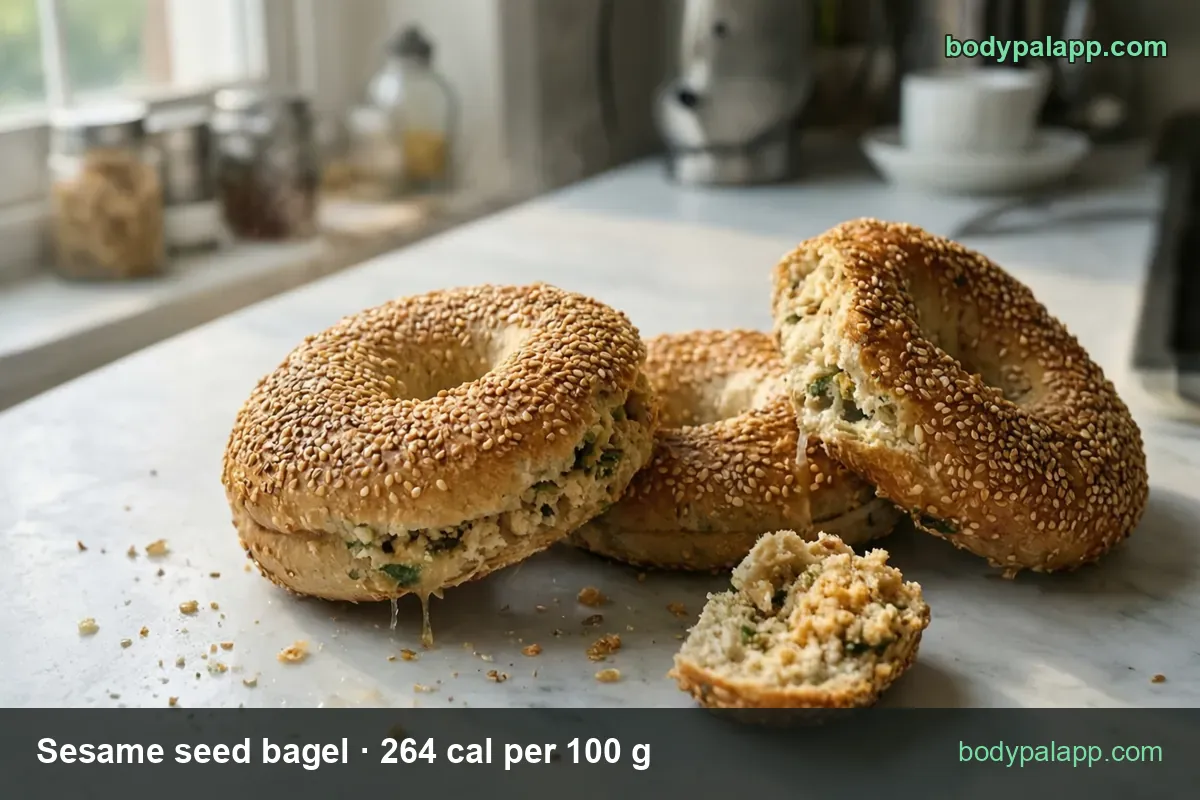 Three sesame seed bagels on marble, one halved with scallion cream cheese, next to 1 regular bagel (105 g) and 1 large bagel (131 g)