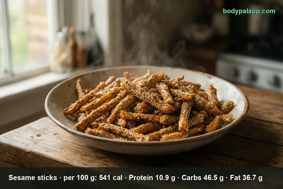 Full ceramic bowl of golden sesame sticks with steam rising