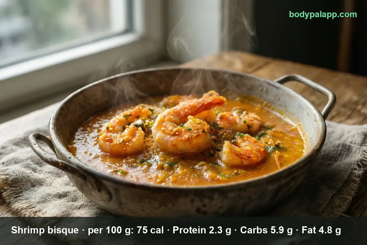 Metal pan of thick orange shrimp bisque with five shrimp and fresh herbs, steam rising