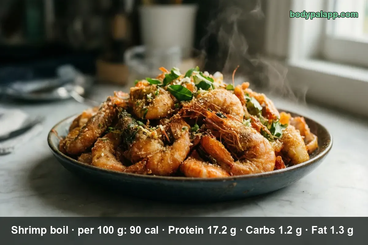 Deep dark bowl piled high with shell-on shrimp dusted with seasoning and parsley, steam rising