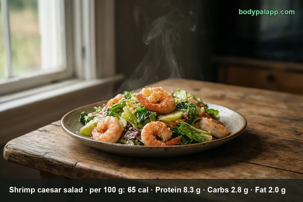 Plate of steaming shrimp served over romaine lettuce leaves, shrimp caesar salad
