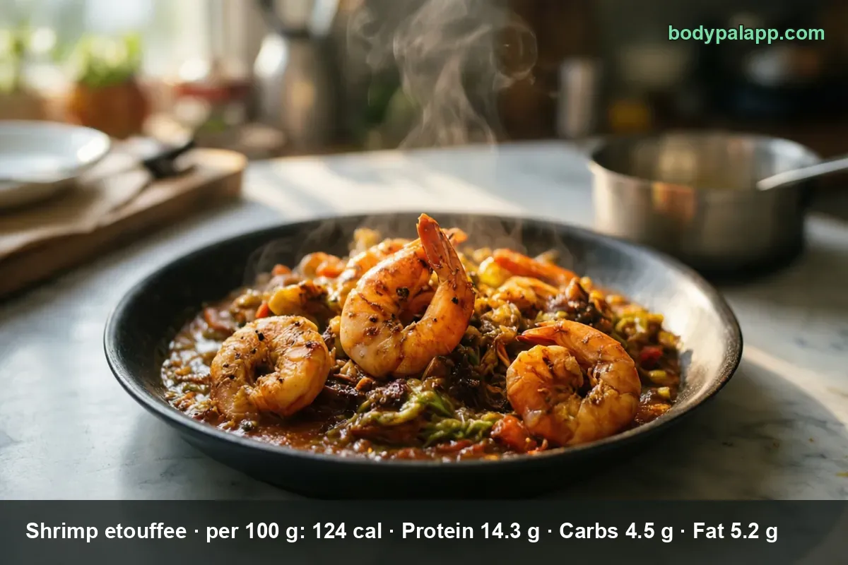 Shrimp etouffee on a black plate, shrimp in brown sauce with onion and celery, no rice, steam rising