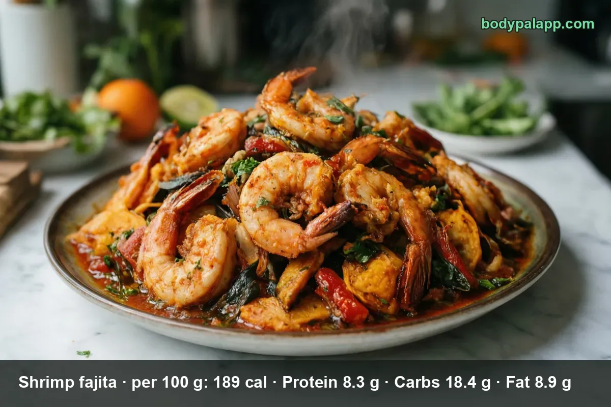 Shrimp fajita skillet on a wide shallow plate: whole shell-on shrimp with red and green peppers, zucchini and onion.