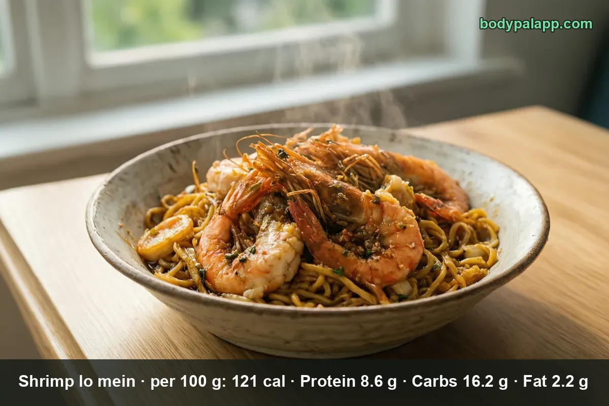 Close-up of a deep bowl of shrimp lo mein noodles topped with whole head-on shrimp, steam rising.