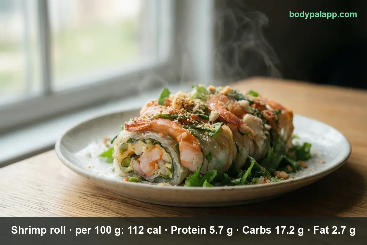 Sliced rice paper shrimp roll filled with shrimp and greens, topped with shrimp and crumbs, on a plate with leaves.