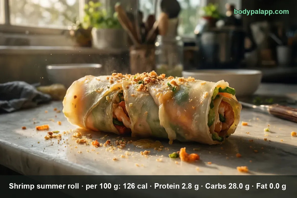 Shrimp summer roll in translucent rice paper with shrimp, lettuce and crushed peanuts on top.