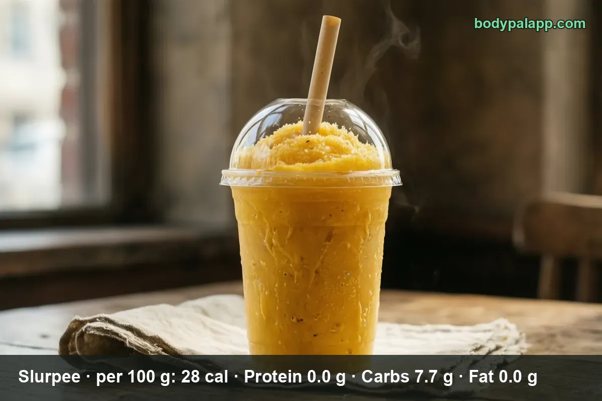 A cup of yellow slush drink with a domed lid and a straw, a small 360 g Slurpee at about 101 calories