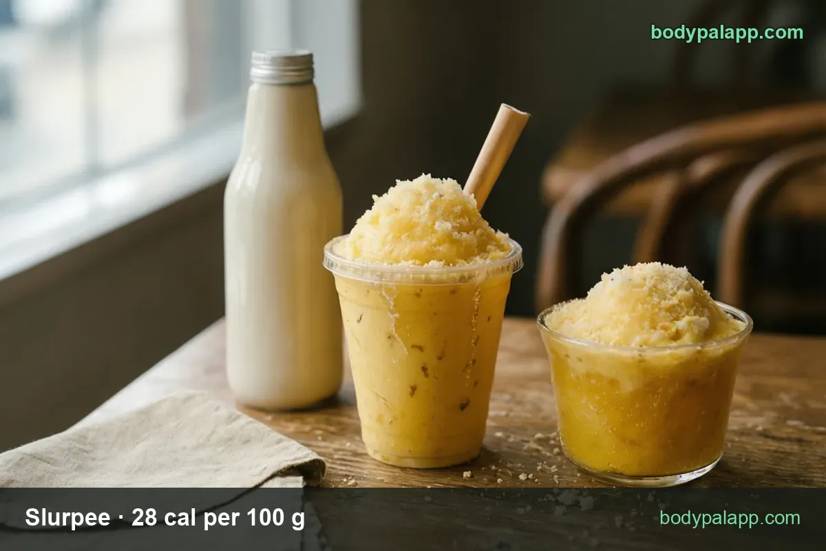 Plastic cup of yellow slush with a paper straw and a glass of slush on a wooden table; 1 small (360 g) 101 cal, 1 medium (660 g) 185 cal