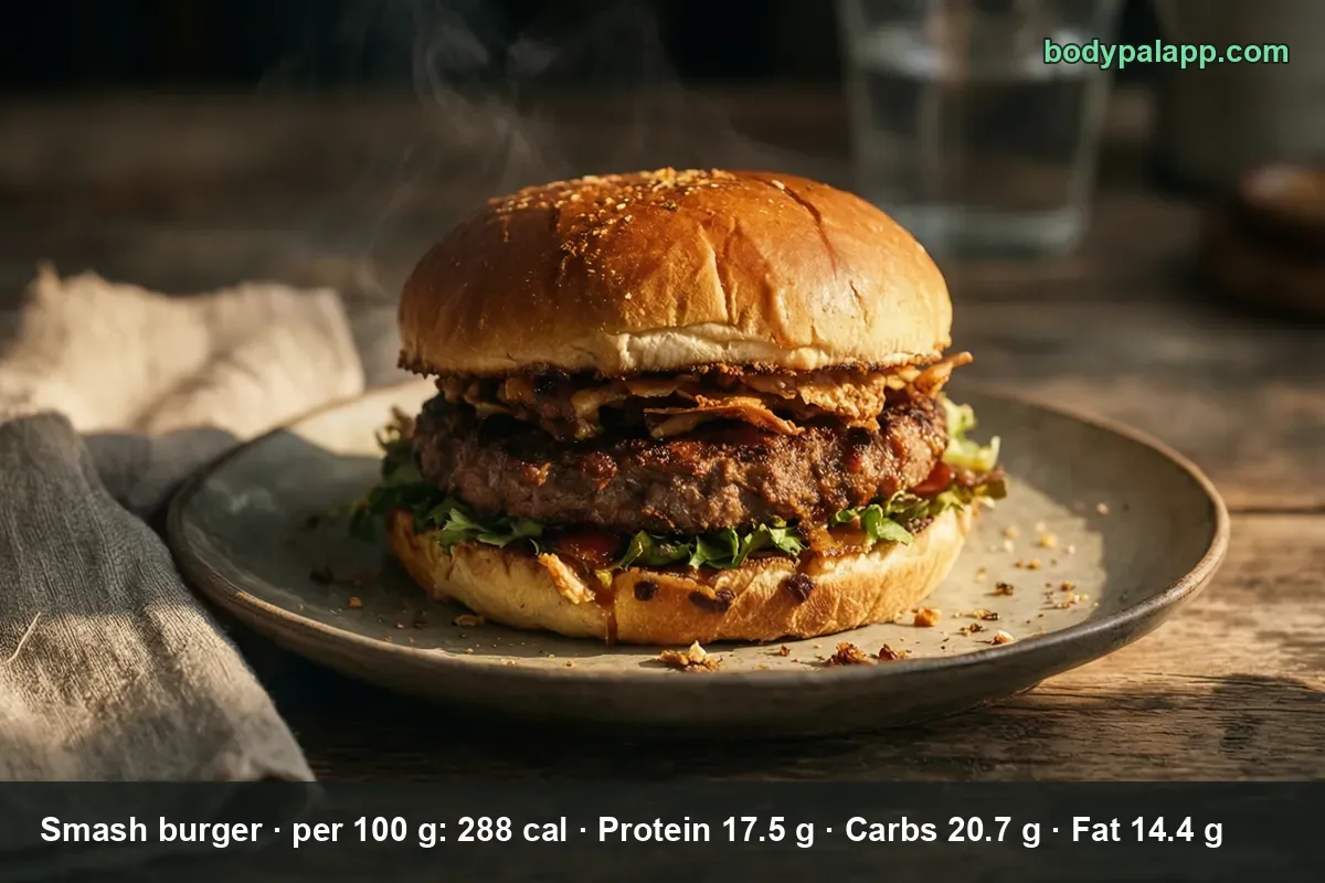 Smash burger with a thin crispy beef patty, fried onions and lettuce on a glossy bun