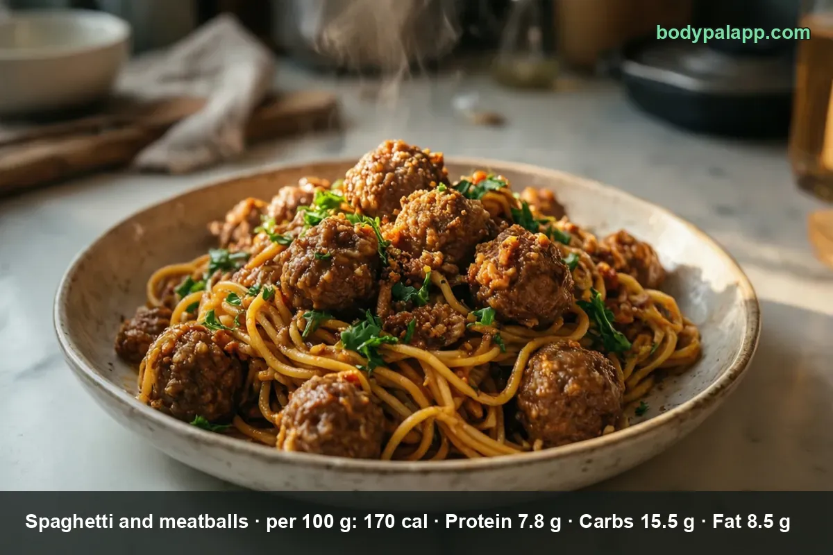 Deep bowl of spaghetti with about twelve meatballs in meat sauce, topped with parsley and steaming