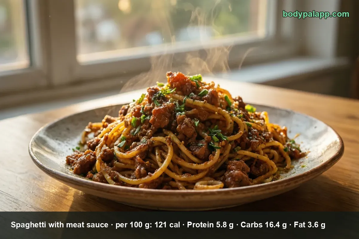 Bowl of spaghetti with meat sauce next to three plated servings.
