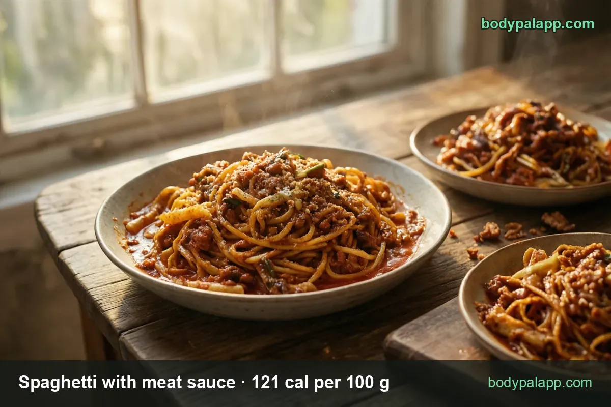 Spaghetti with meat sauce in a bowl and on three plates, labeled 554 g at 670 calories and 227 g at 275 calories.