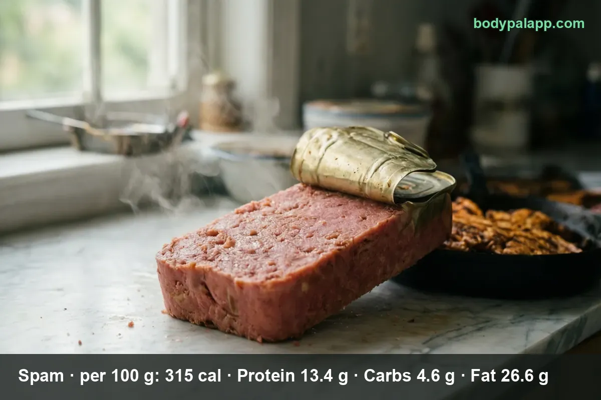Whole pink Spam block lifted from an opened can with the lid peeled back, steam rising.