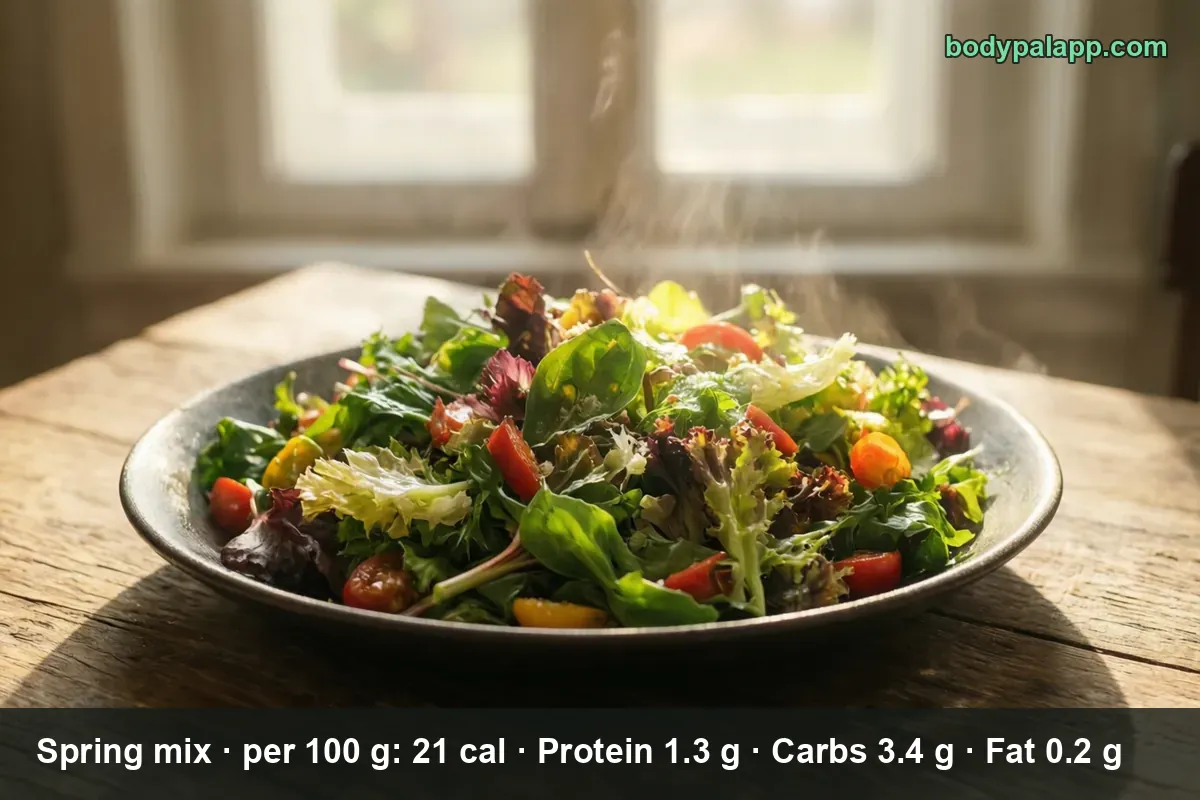 Shallow plate of spring mix baby leaves - spinach, arugula, lollo rosso, frisee - with cherry tomatoes and light steam.