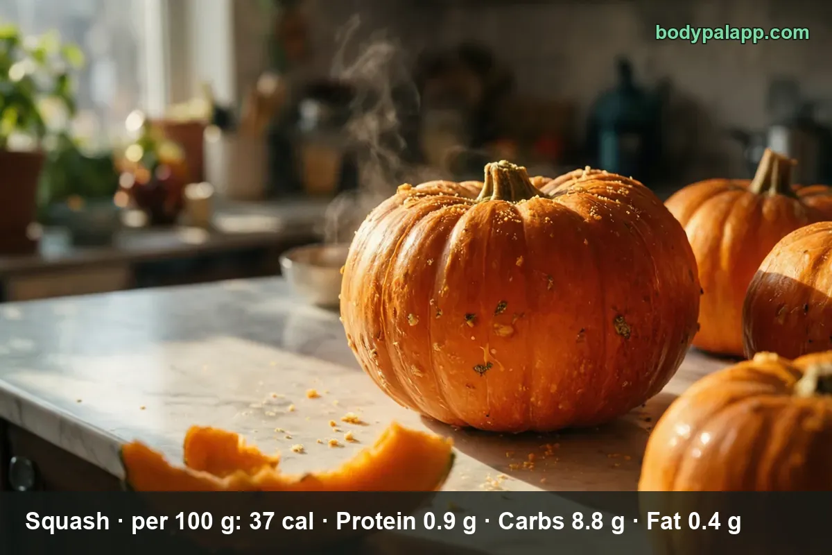 Three whole orange winter squash on a counter next to one raw cut slice