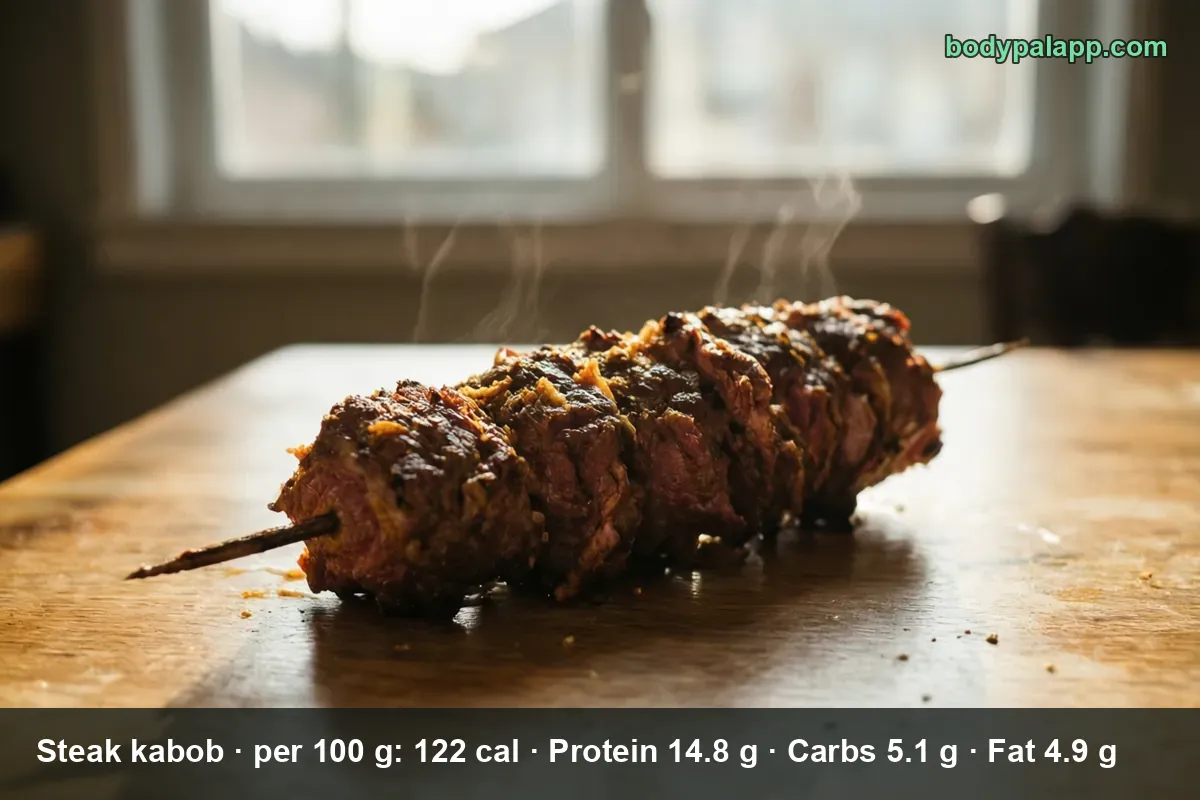 Single steak kabob skewer with seared beef chunks resting on a table, steam rising.