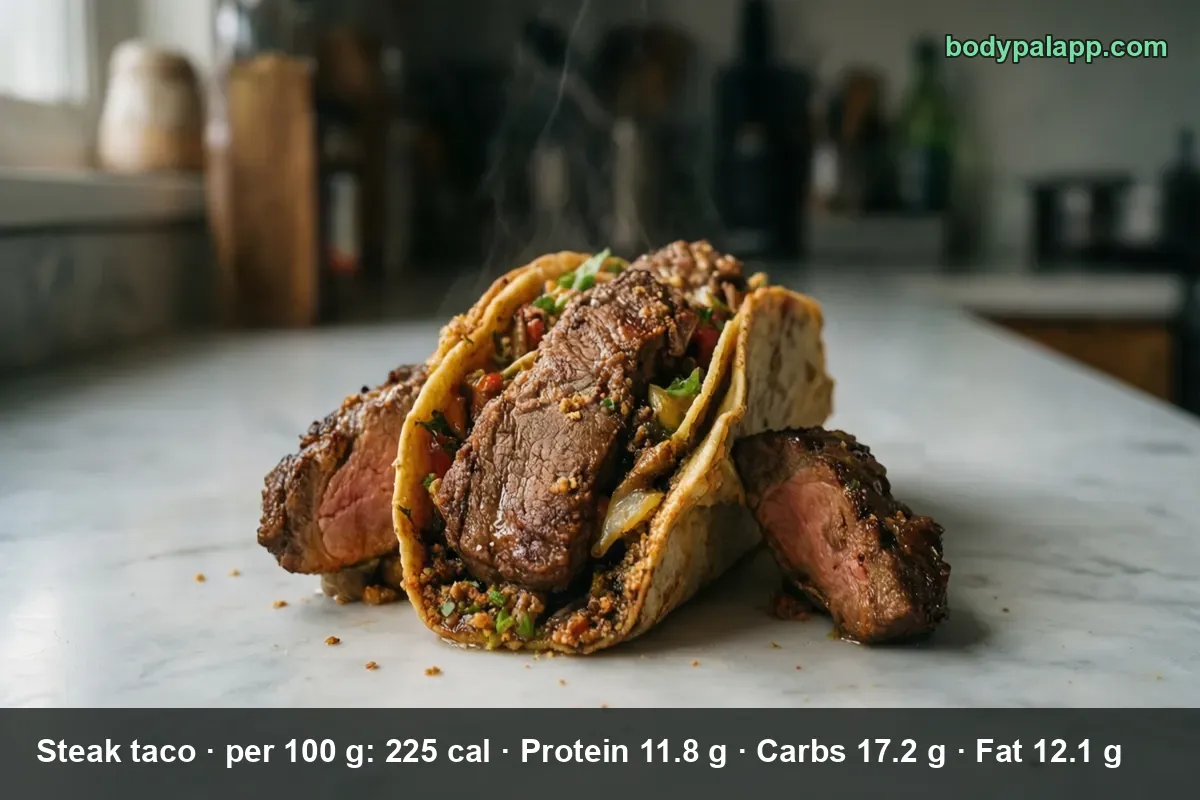 Three steak tacos with sliced pink-center steak, peppers and onions on a marble counter, steam rising