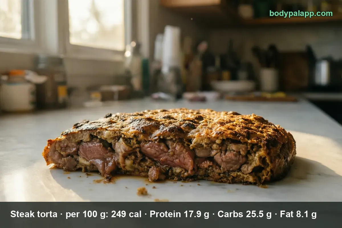 Steak torta cut in half, crisp-crusted flat roll filled with pink slices of steak