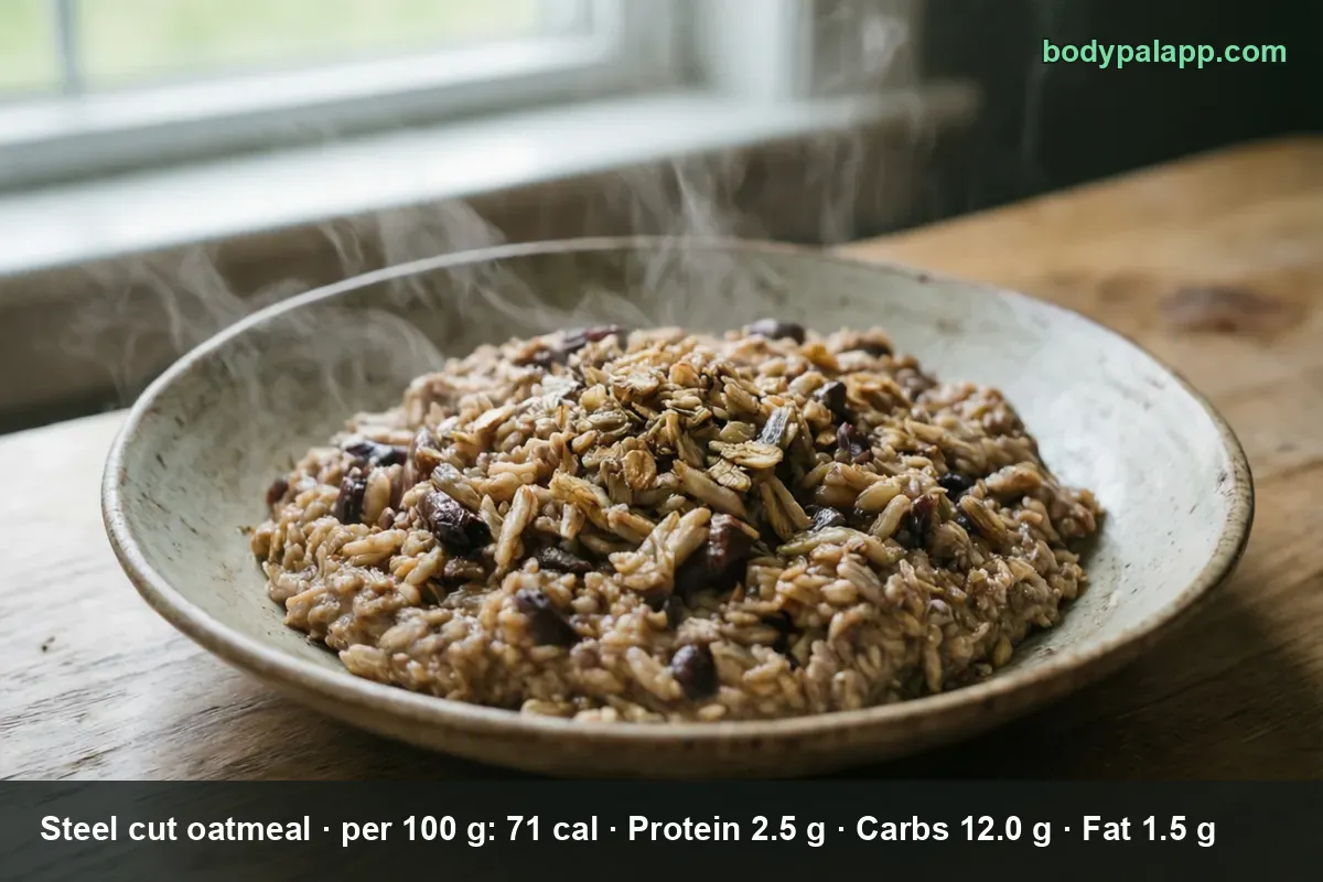 Shallow bowl of cooked steel cut oatmeal with raisins, steam rising from the grains