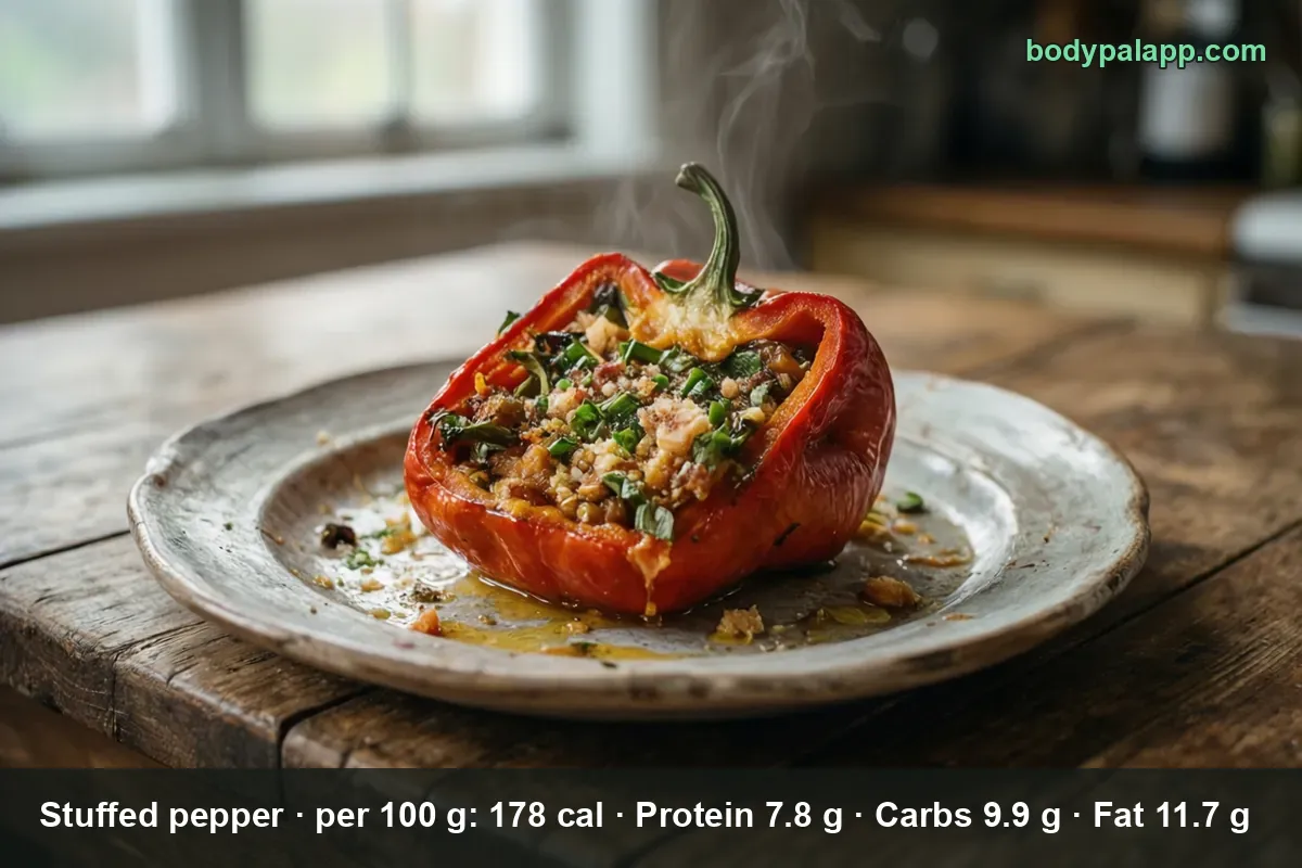 Halved red bell pepper stuffed with rice, ground meat and green herbs on a plate.