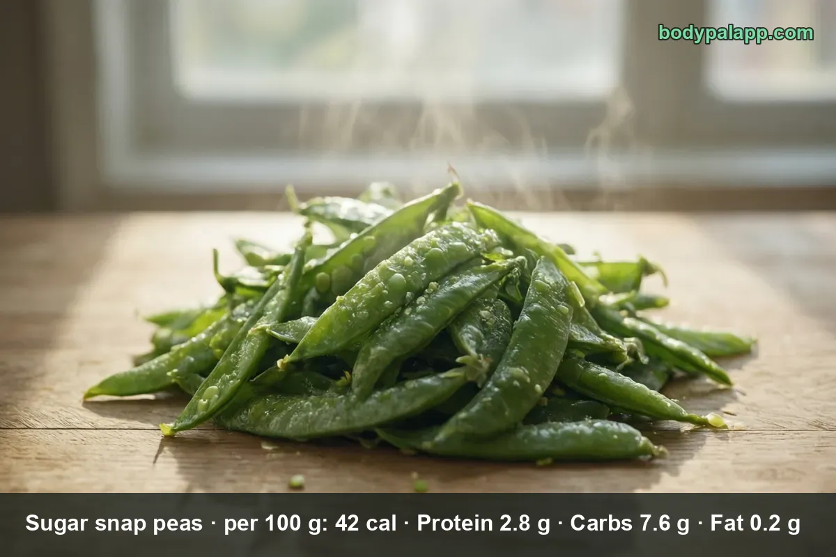 Pile of whole sugar snap pea pods with water droplets and steam on a wooden board