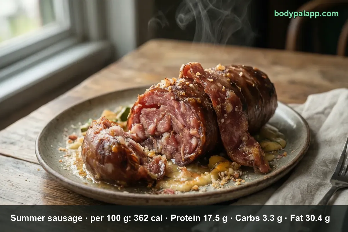 Thick summer sausage roll on a plate, cut into three thick pieces.