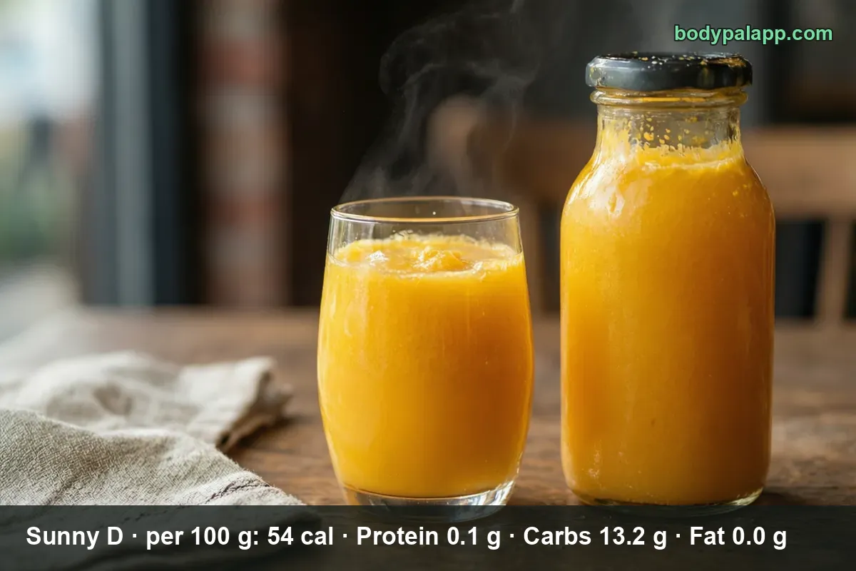 Glass of thick orange fruit juice drink next to a small lidded glass jar on a wooden table