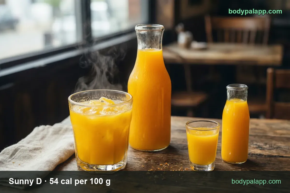 Wide glass of orange fruit drink with ice, a glass carafe, a shot glass and a small bottle, with 248 g and 209 g calorie chips