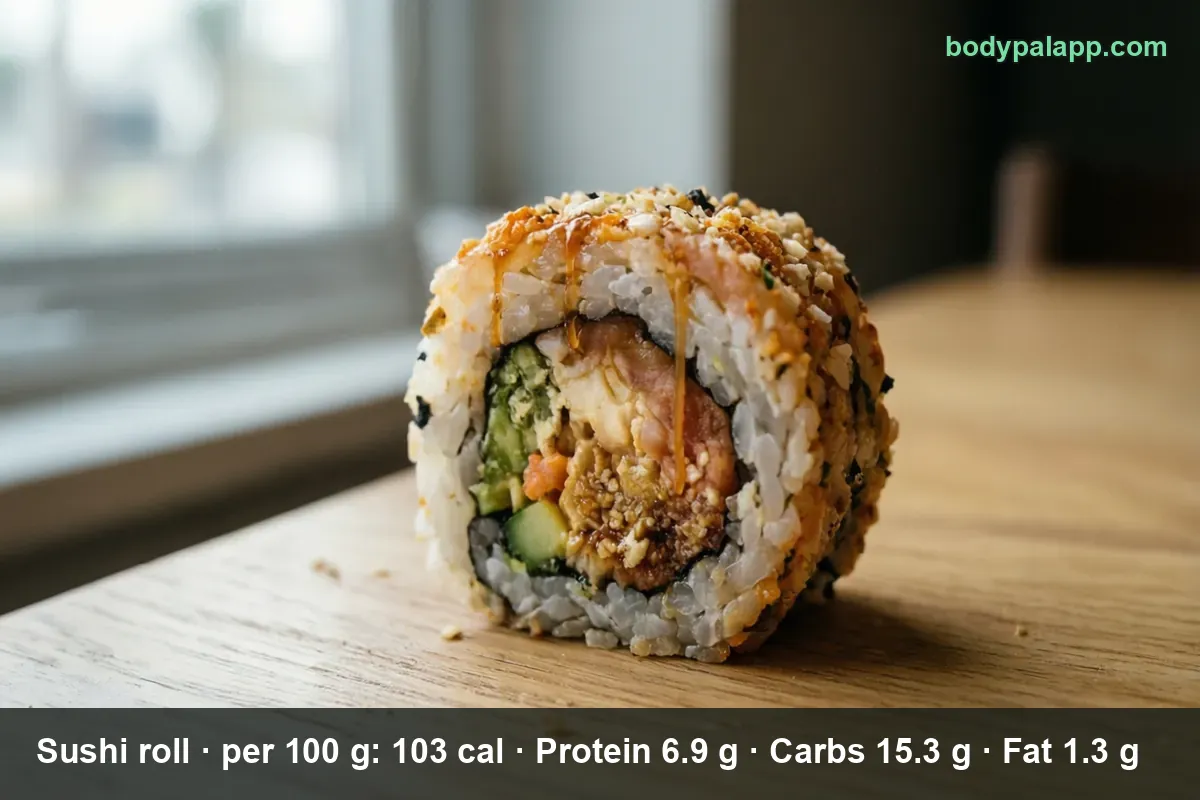 One sushi roll piece cut open showing cucumber, tempura shrimp and sauce.