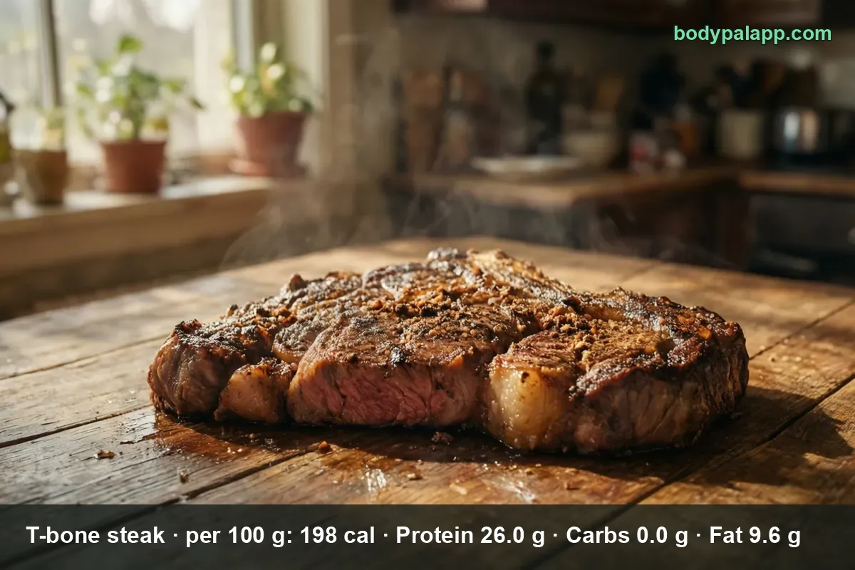 Thick cooked T-bone steak with a dark seasoned crust, a pink center and the pale bone running through the middle.