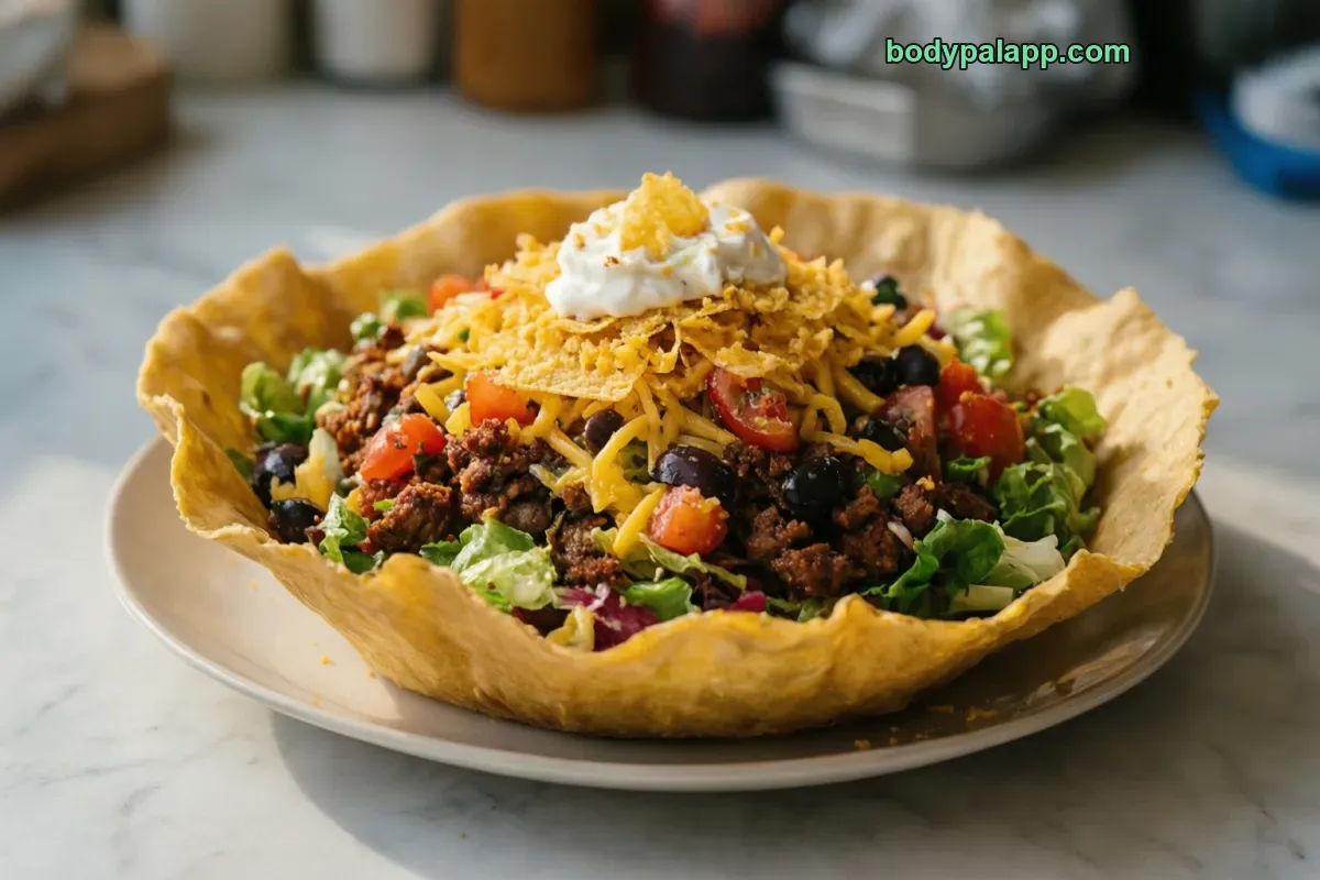 Taco salad with ground beef, with meat, no sour cream