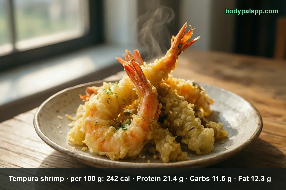 Ceramic plate of tempura shrimp in light batter, two tails pointing up, steam rising