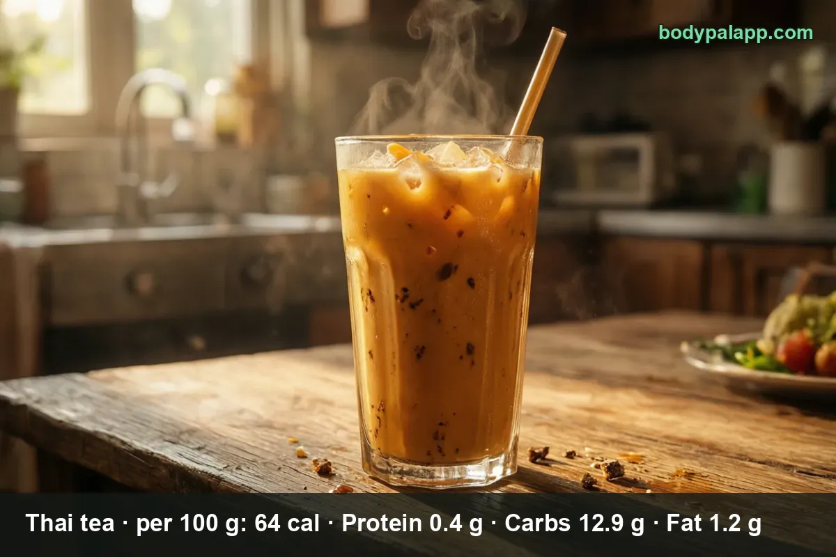 Tall glass of orange Thai iced tea with ice, a straw and dark specks floating in the drink