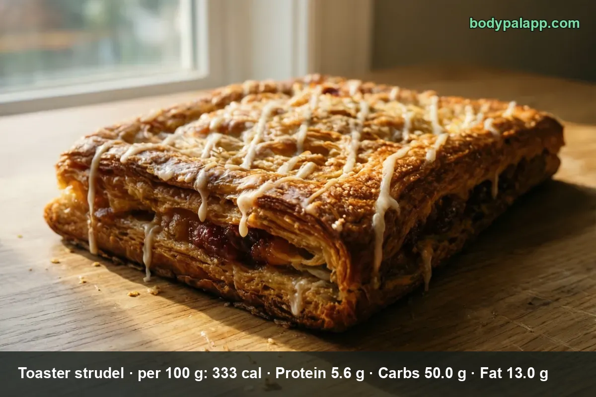 One toaster strudel on a wooden board, red fruit filling showing at the side and white icing drizzled in a lattice on top.
