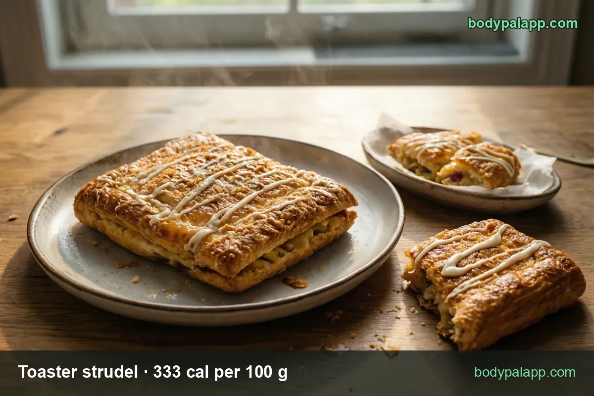 Iced toaster strudel on a plate and a half on a small paper-lined dish: 1 pastry with icing (54 g) 180 cal, half (27 g) 90 cal.