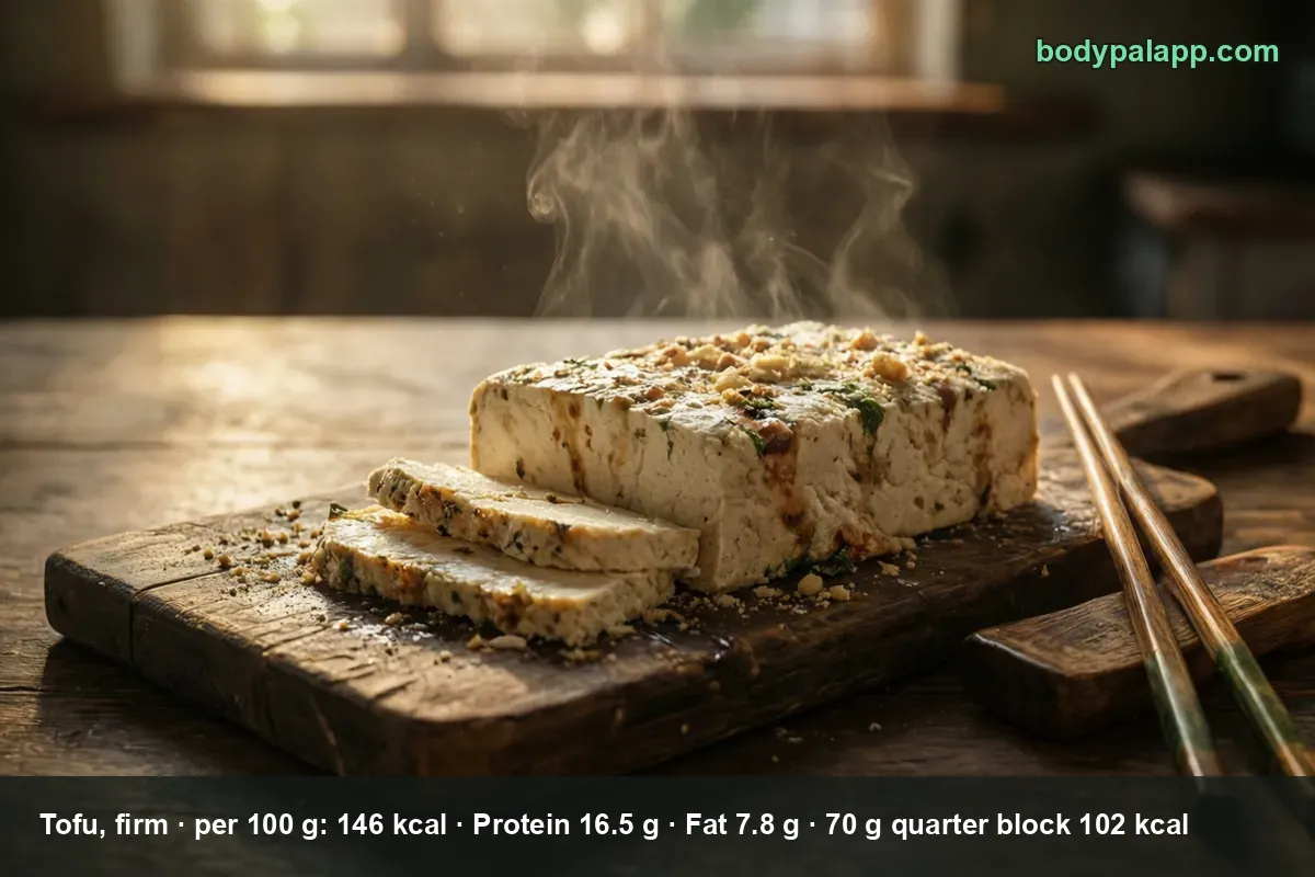 Firm tofu block on a board - about 120 calories per 100 g